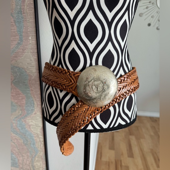 Vintage Accessories - Vintage Y2K Medallion Disk McBling Girlhood Core Wide Woven Leather Belt